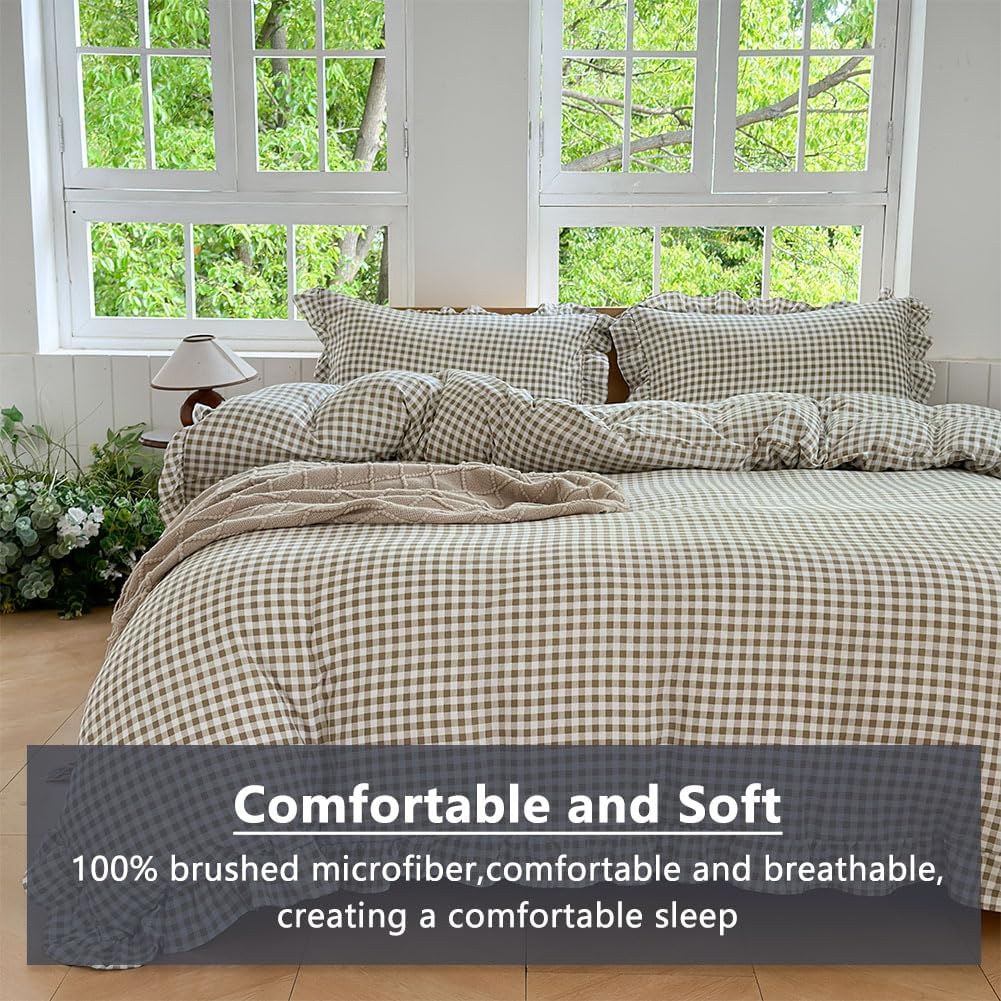 Tan Gingham Ruffle Duvet Cover King, 3 Pieces Taupe Soft Pre-Washed Microfiber Checked Plaid Comforter Cover Set
