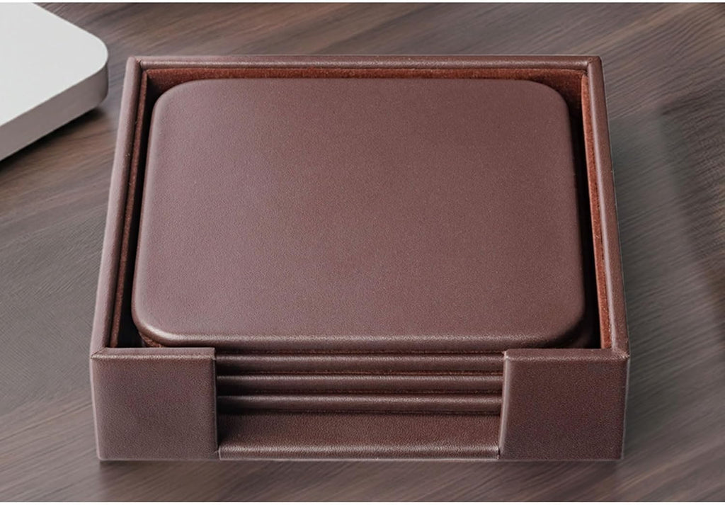 Chocolate Brown Genuine Leather 4" Round Coaster Set