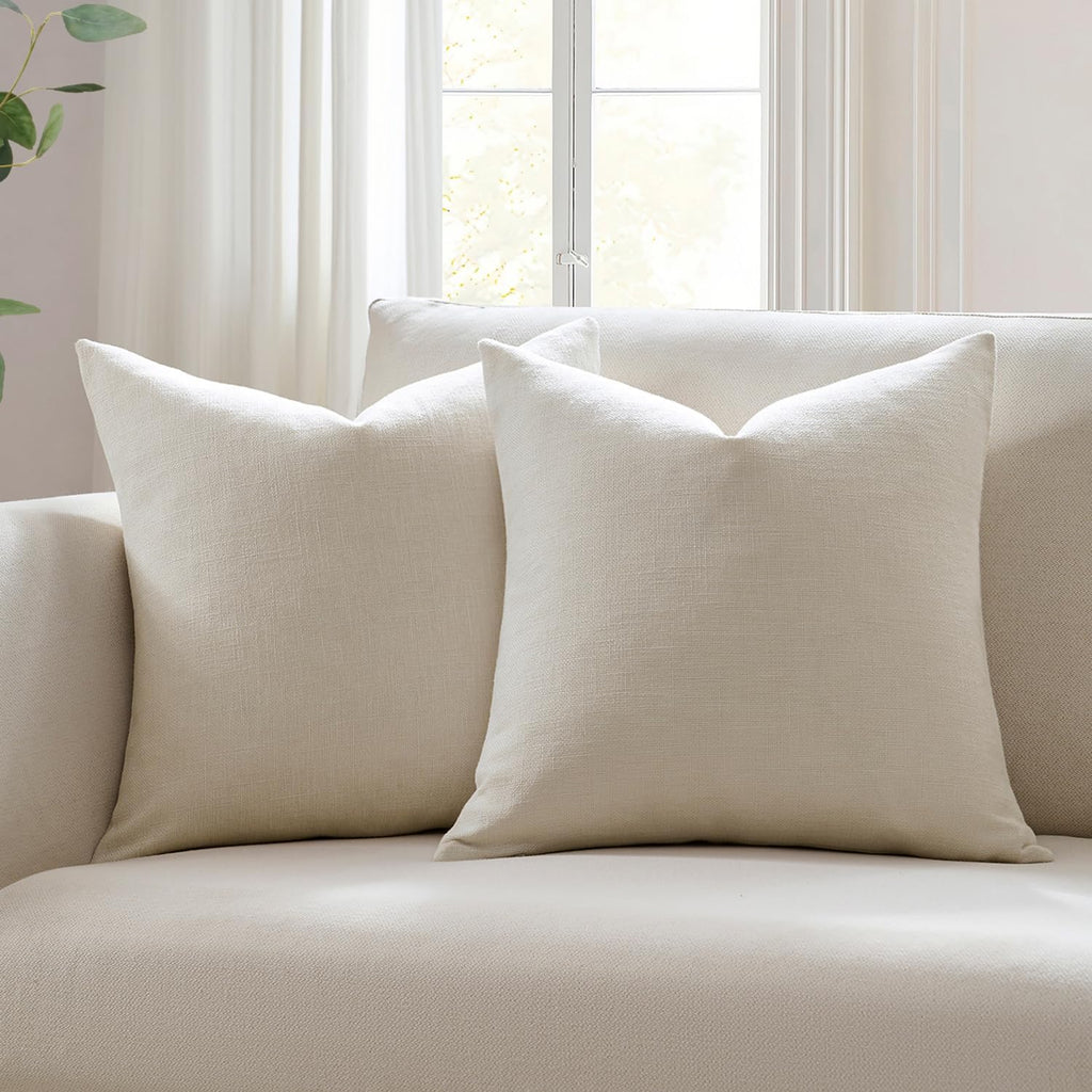 Set of 2 Ivory Throw Pillow Covers 20x20, Modern Farmhouse Linen Blend Decorative Pillow Covers, Neutral Home Decor