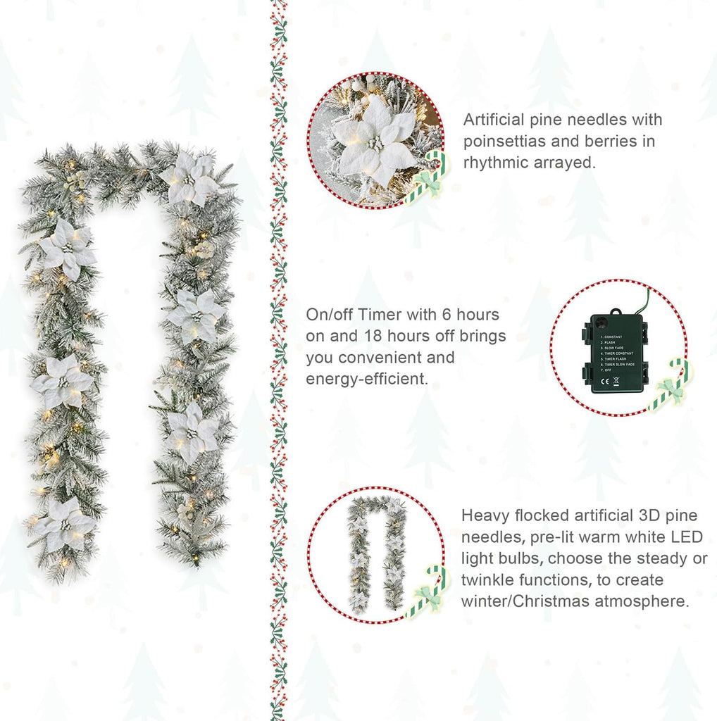 2PCS 9ft Christmas Garlands with Lights, Pre-Lit Snow Flocked Greenery Garlands Poinsettia Pine Garlands with 50 Warm