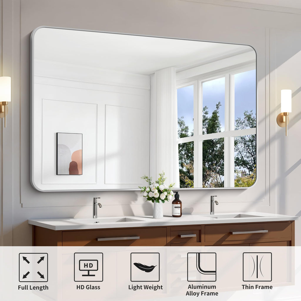60x40 Inch Silver Bathroom Mirror for Over Sink, Large Rectangular Wall Mirror with Metal Frame, Rounded Corners
