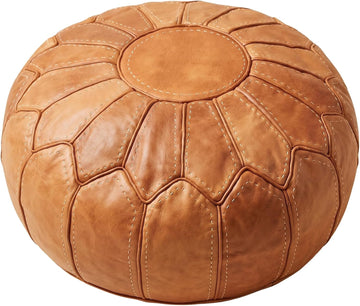 Leather Pouf Ottoman - Round Genuine Leather Footstool, Hand-Stitched Unstuffed Pouf Cover (Cognac Brown)