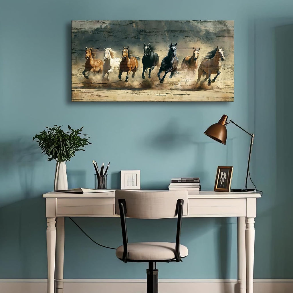 Rustic Running Horses Wall Art,Large Western Canvas Print , Wild Stallion Painting, Vintage Farmhouse Decor, Cowboy