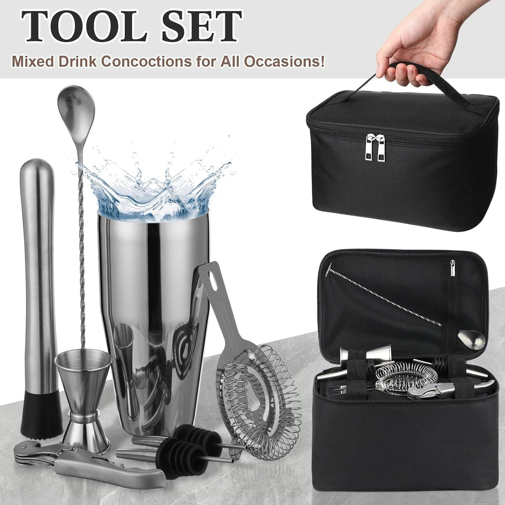 Travel Bartender Kit Cocktail Shaker Set with Bag 25oz Martini Shaker Kit, Ice Crusher, Wine Opener, Strainer - Set of 9
