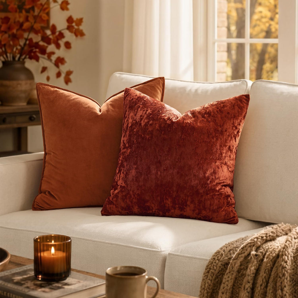 Fall Decorative Rust Velvet Euro Sham Throw Pillow Covers 24x24 Inch