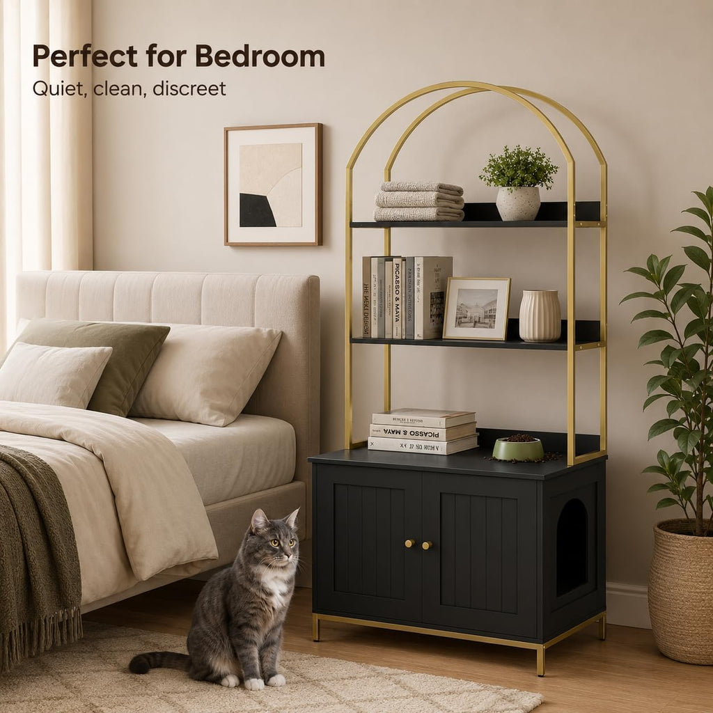 Cat Litter Box Enclosure with 2-Tier Shelves, Black and Gold