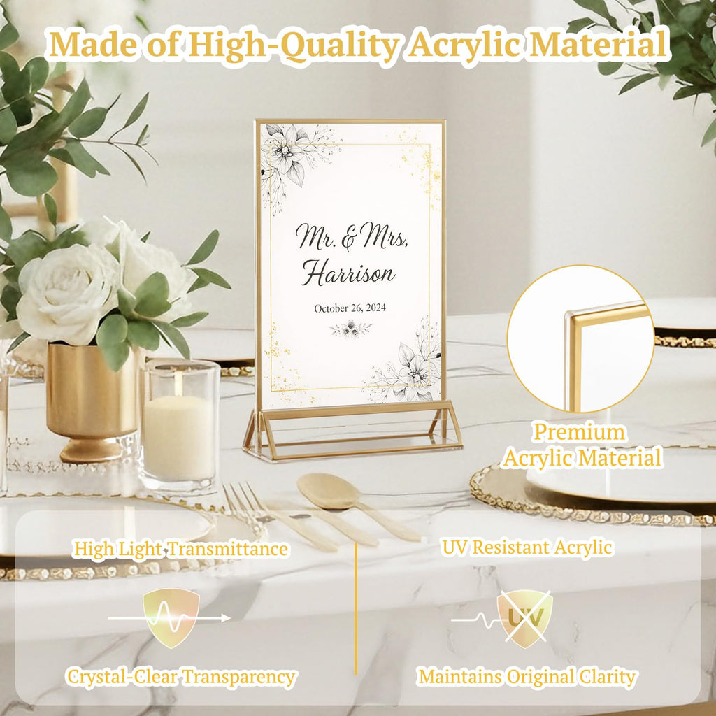 6 Pack Acrylic Sign Holder 5 x 7, Double Sided Gold Picture Frame Stand up Table Top Sign Holders, Clear Display
