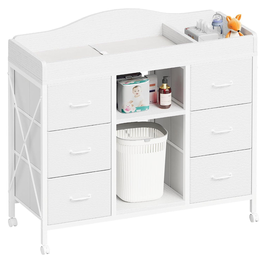 Changing Table, 6-Drawer Dresser, Adjustable Shelves, Mobile, White | Changing Table,Waterproof Diaper pad & Safety