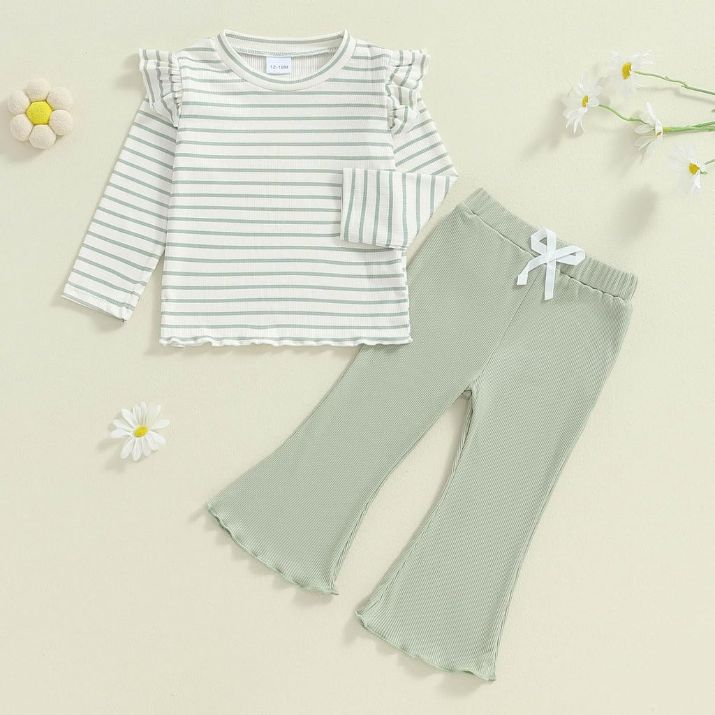 Toddler Baby Girl Outfits Ruffle Long Sleeve Striped Trim Tops + Flare Pants Set Toddler 2Pcs Fall Winter Clothes