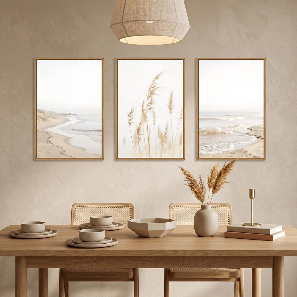 Modern Beach Waves Framed Wall Art Set, Seaside Reed Pathway Wall Decor, Minimalist Neutral Coastal Landscape