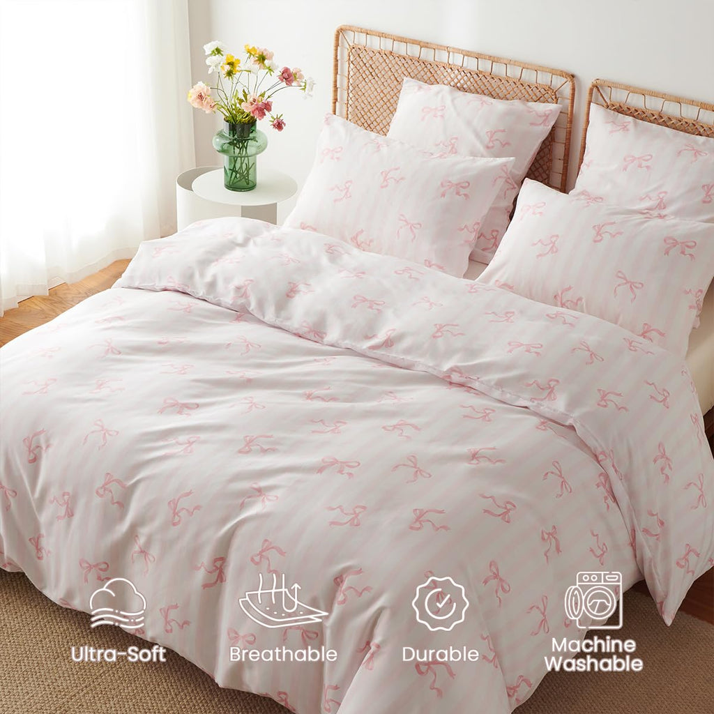 Pink Bow Striped Duvet Cover Set
