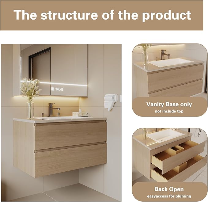24 Inch Wall Mounted Bathroom Vanity Modern Floating Cabinet with Soft Close Drawers Laminate Doors Plywood Construction Cosmo Sand / Handler -- 24-inch-wall-mounted-bathroom-vanity-modern-floating-soft-close-drawers-cosmo-sand