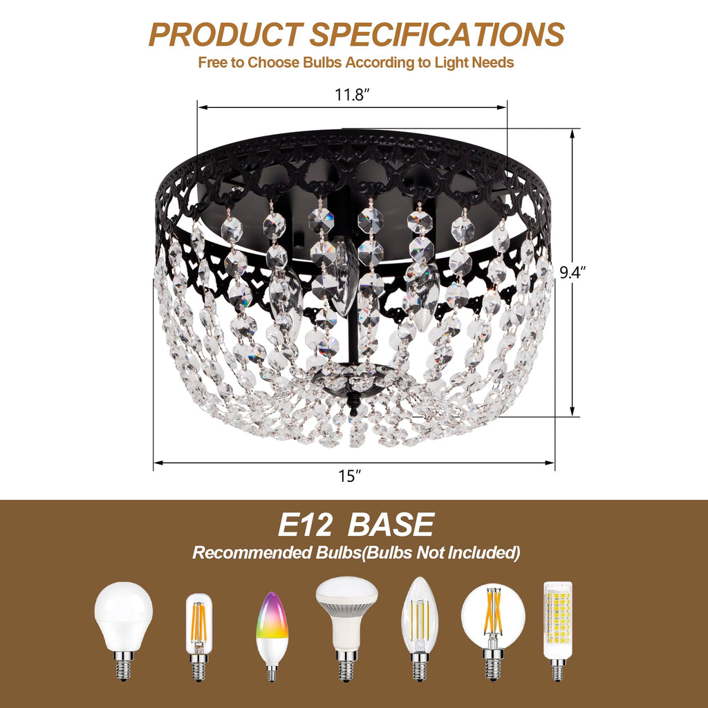 15" Black Crystal Ceiling Light, 4-Lights Vintage Farmhouse Flush Mount Chandelier, Antique French Empire Ceiling