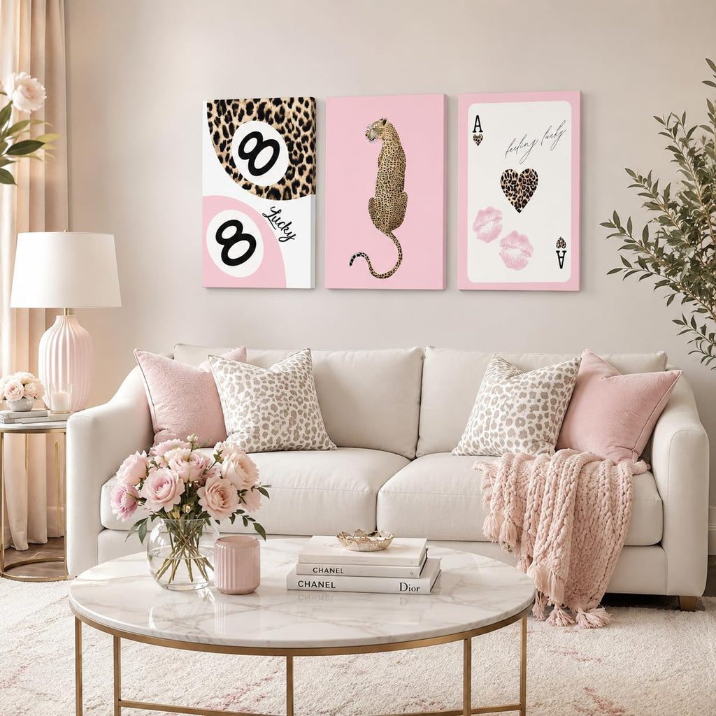 Cheetah Trendy Canvas Print Wall Art, Preppy Leopard 8 Ball Poster Pictures, Pink Y2k Coquette Luxury Print Lucky
