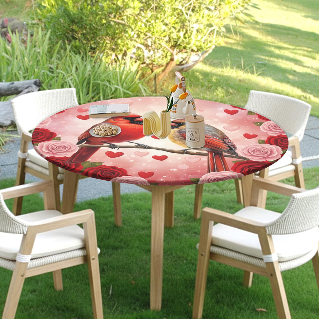 Valentines Day Round Fitted Tablecloth with Elastic Cardinal Bird Heart Circle Table Cloth for 48-52" Tables Wipeable