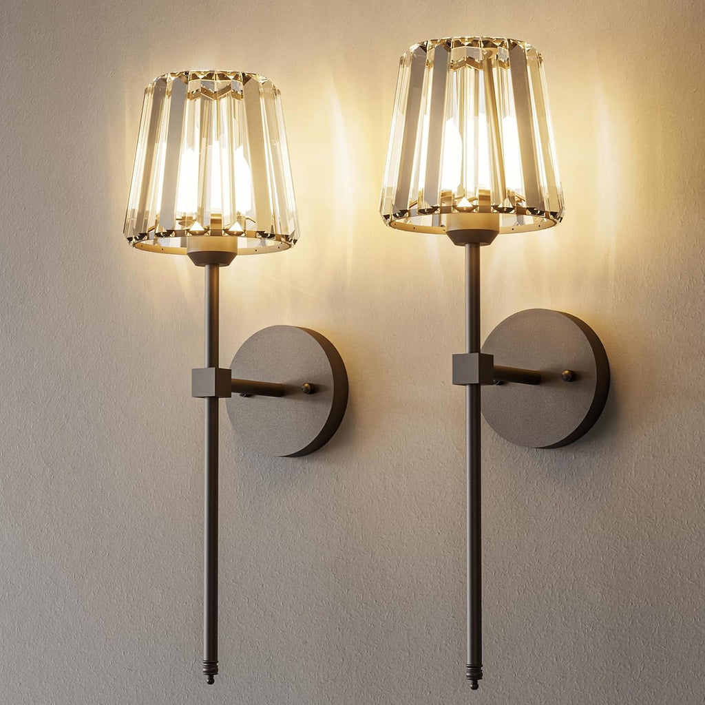Crystal Battery Operated Wall Sconces Set of 2, Black Rechargeable Wireless Wall Sconce Lights with Crystal