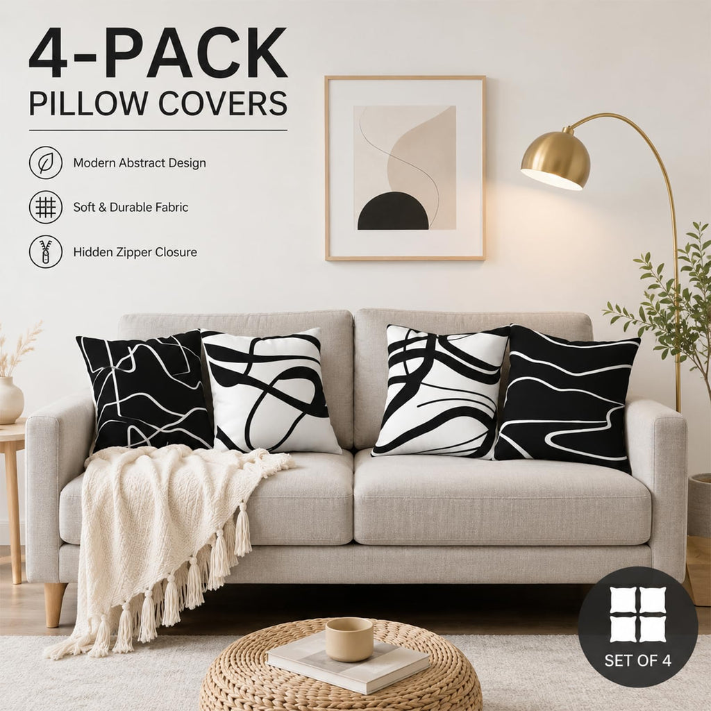 Black White Geometric Throw Pillow Covers 18x18 Set of 4