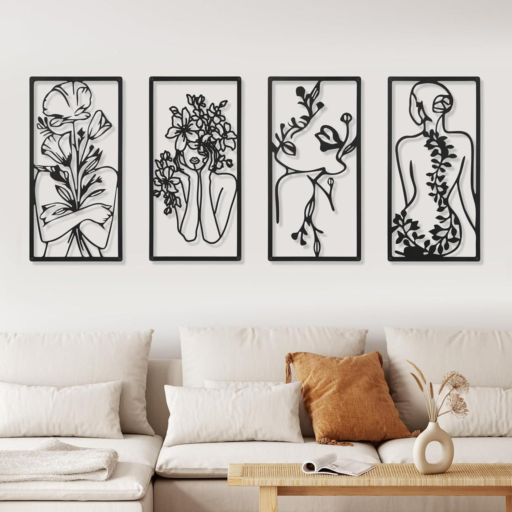 Metal Wall Art Decor Minimalist Abstract Woman Wall Art Line Drawing metal line art Home Hanging Art Decor - Set of 4