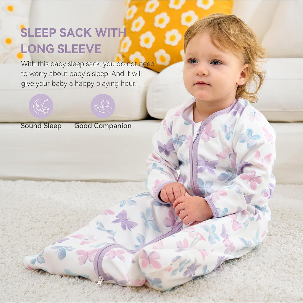 Sleep Sack, Long Sleeve Baby Wearable Blanket 0.5 Tog with Mittens, Way Zipper Toddler Cotton Sleeping