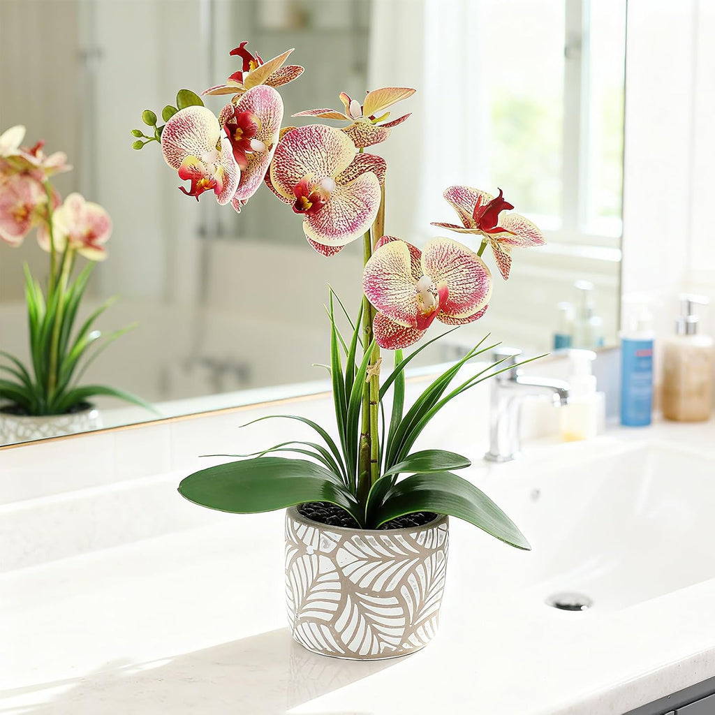 Artificial Orchid Flower Plant, 14.9'' Real Touch Faux Orchid Pink with Ceramic Vase, Fake Orchid Arrangements Home