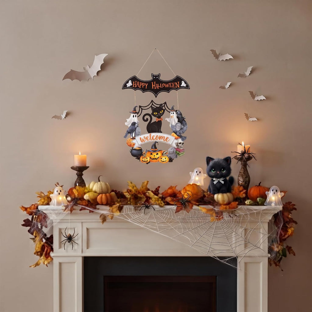 Halloween Decoration: Ghost Wood Door Sign, Spooky Wreath