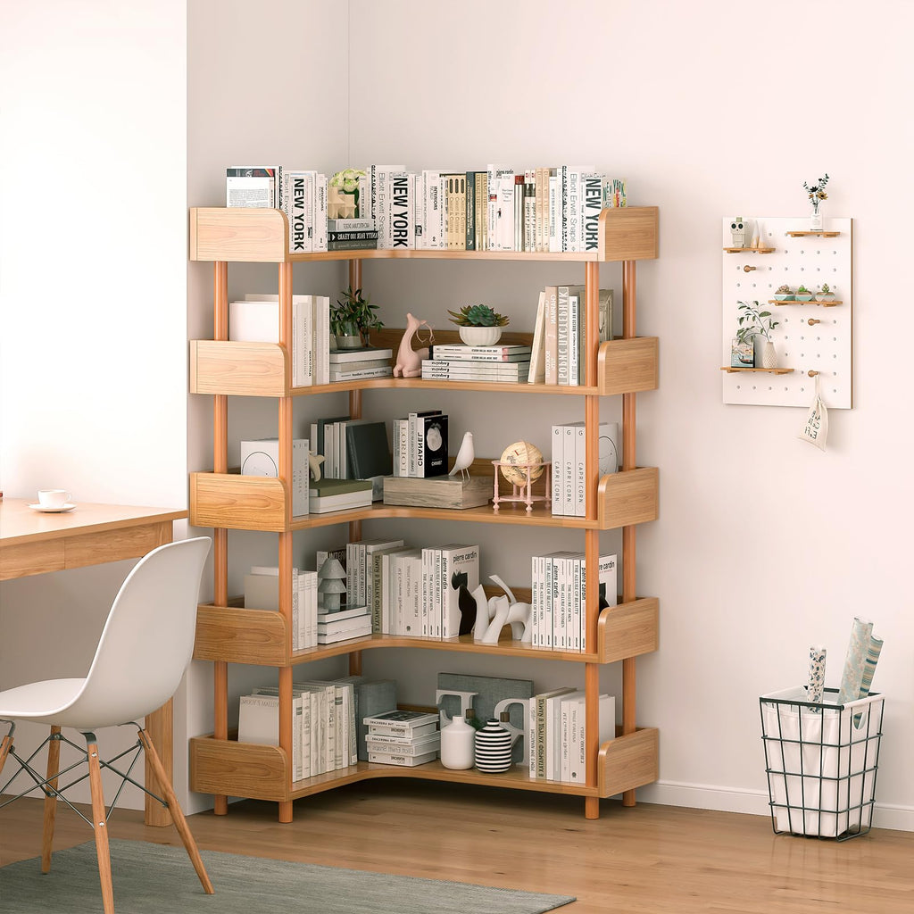 5-Tier Reversible Corner Bookshelf, L-Shaped Shelf, Oak