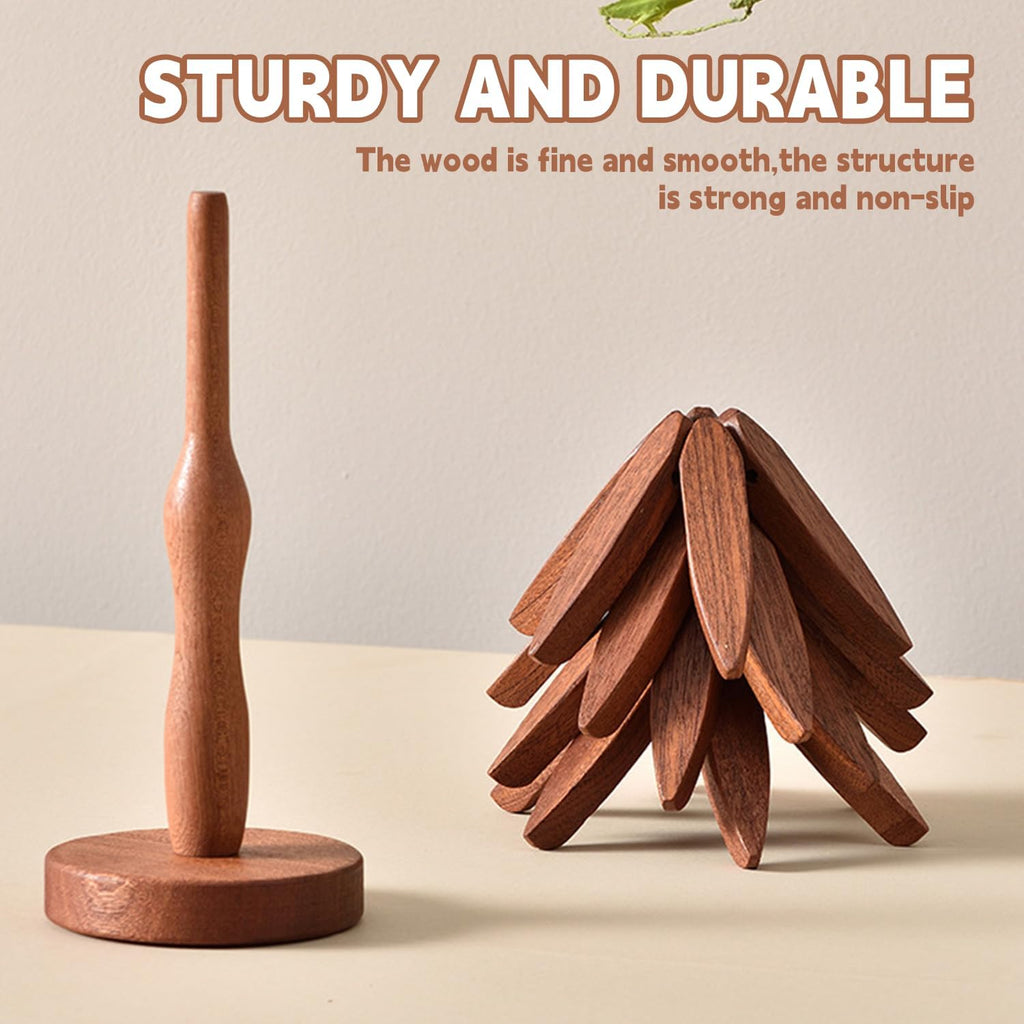 Wooden Trivets for Hot Dishes, Tree Shape Trivet Set, 4 Walnut Wood + 1 Stand stored Like a Christmas Tree,Foldable