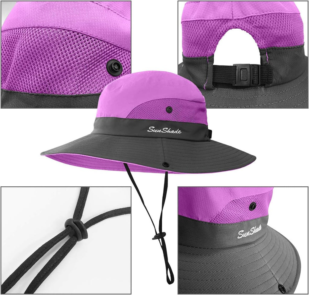 Kids Ponytail Sun Hat Wide Brim UV Protection for Girls Beach Bucket Cap