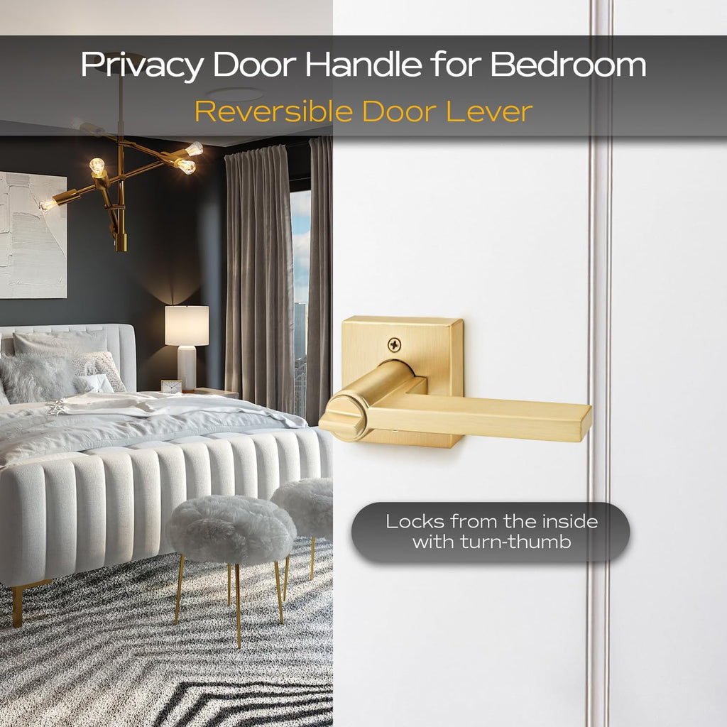 2 Pack Gold Door Knobs Interior, Satin Brass Privacy Door Lever