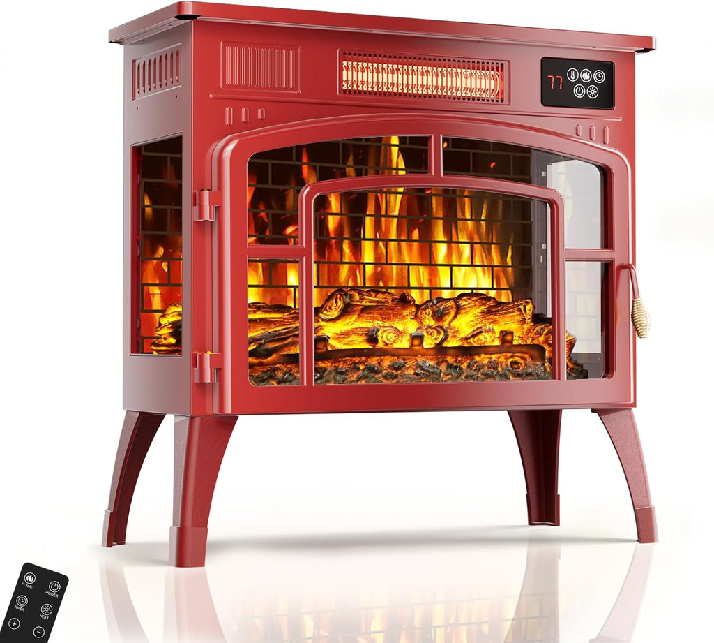 Freestanding Electric Fireplace Stove with Remote Control, 1500W Infrared Heater, 3D Flame Effect, Thermostat and Overheat Protection, Portable Indoor Fireplace