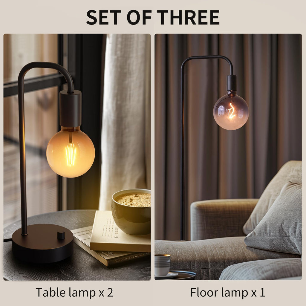 Industrial Lamp Set 3 Piece-1 Floor Lamp and 2 Dimmable Table Lamp- 3 Pack Modern Matching Floor and Table Lamp with