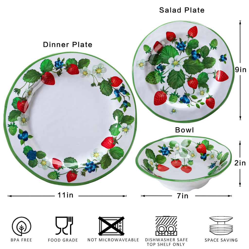 Strawberry Melamine Dinnerware Sets-12 Piece Plates and Bowls Set