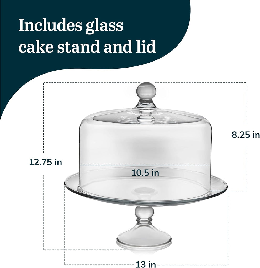 Selene Glass Cake Stand with Dome Lid, Footed Dessert Serving Dish - Set of 2