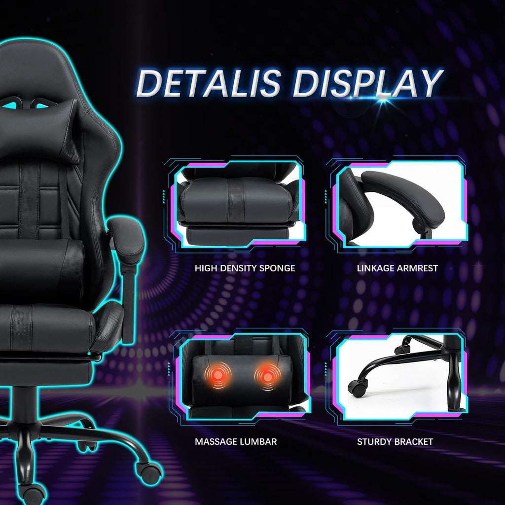 Gaming Chair with Footrest & Massage Lumbar Support, Black