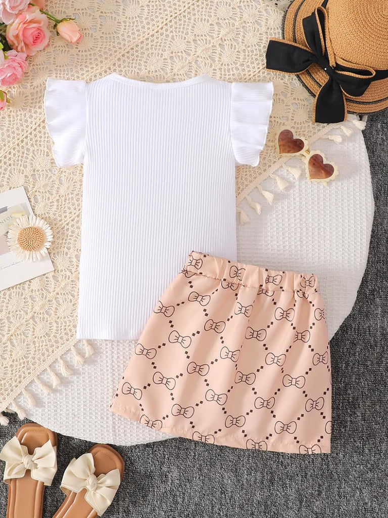 Toddler Girls Clothes Cap Sleeve T-Shirt + Bowknot Print 2pcs Summer Shorts Outfit Set For Girls, Years