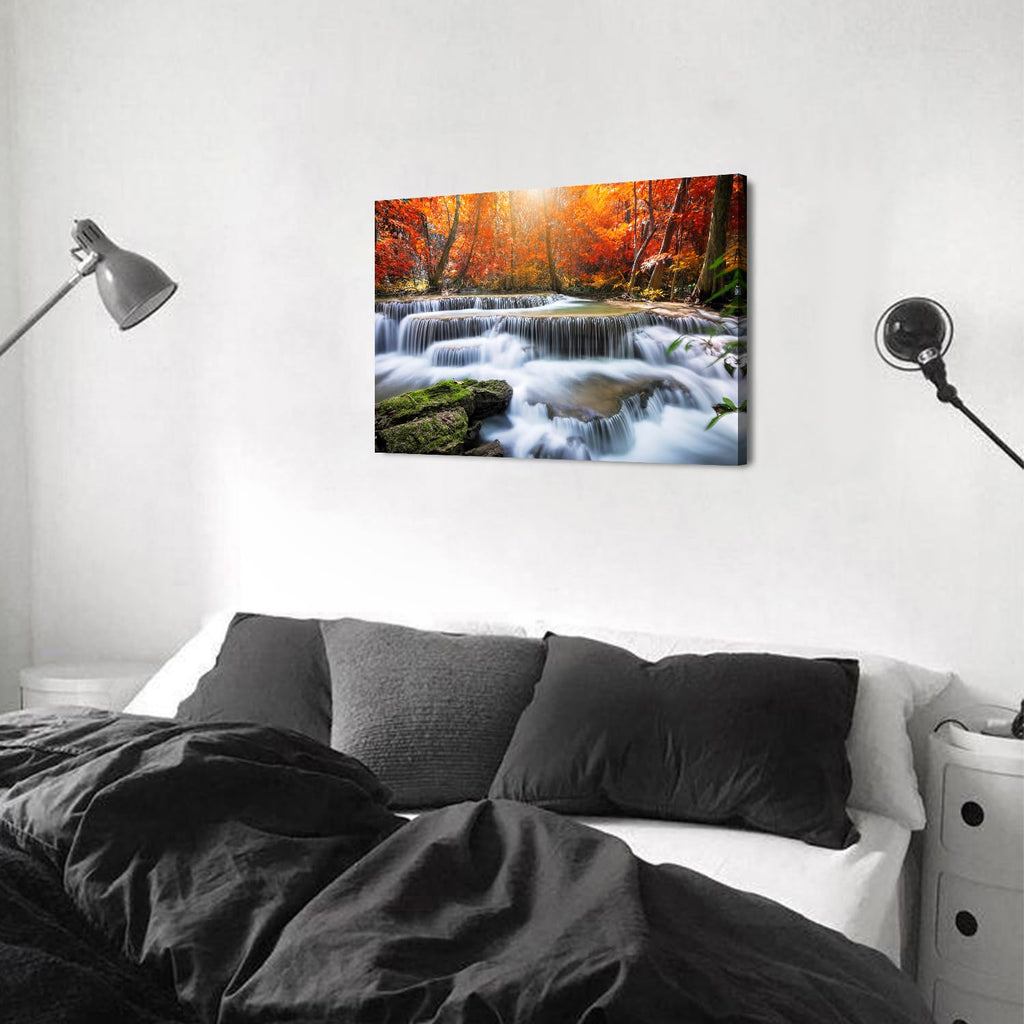 Fall Nature Sunset Wall Art Living Room Waterfall Mountains Picture Bedroom Bathroom Decor Autumn Maple Trees Scenery