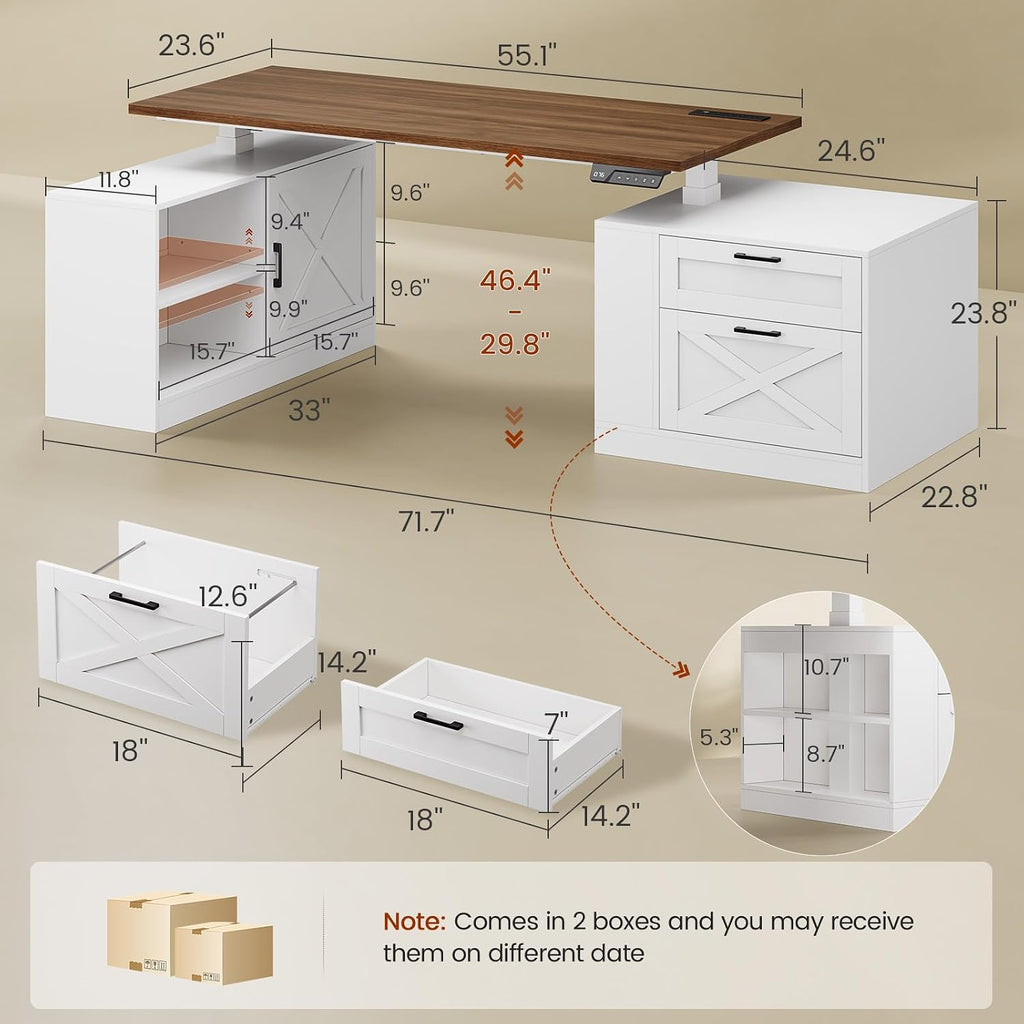 71" Farmhouse L Shaped Standing Desk, Electric Height Adjustable Corner Desk with Storage Cabinet & File Drawers