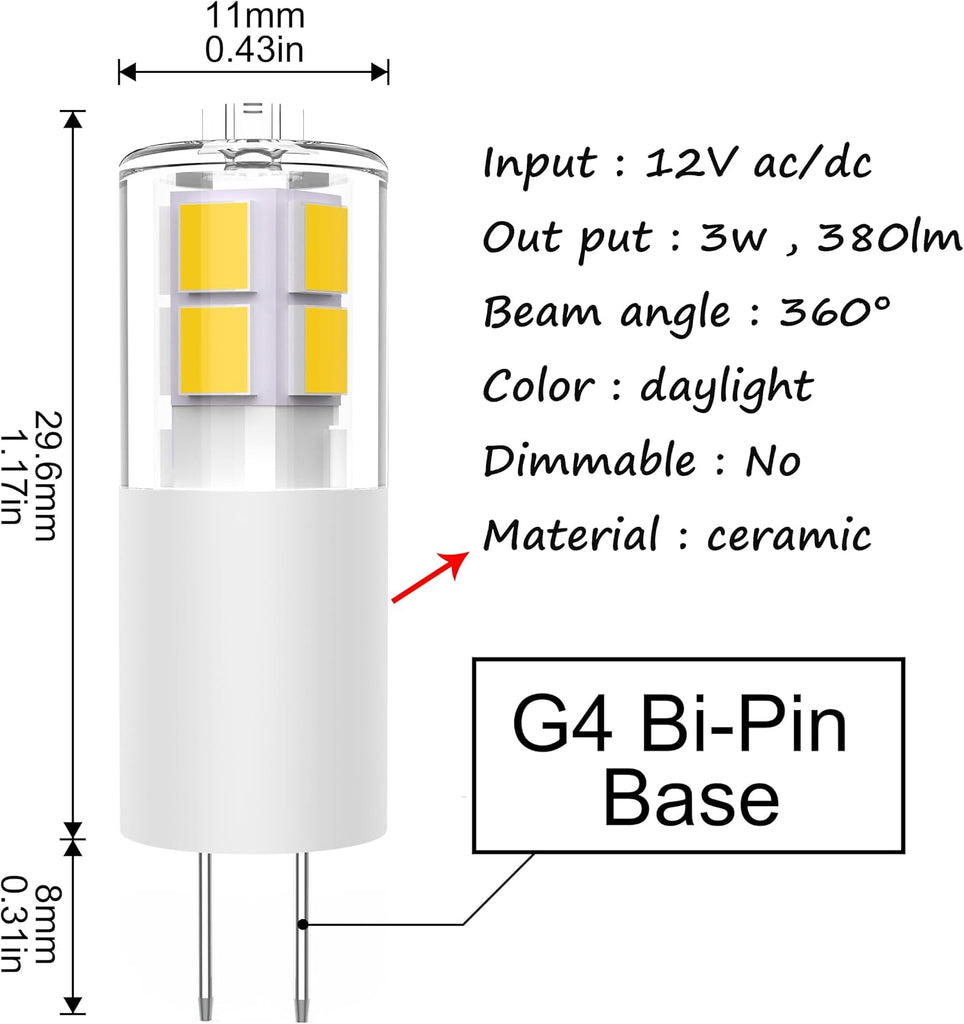 G4 LED Bulbs Daylight White 5000K 3W 12V JC Bi-Pin Light Bulbs LED G4 20W-30W T3 Halogen Bulb Replacement Landscape