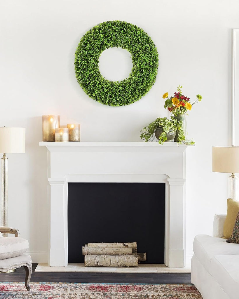 19''Boxwood Wreaths for Front Door,Artificial Spring Wreaths for Farmhouse Wedding Green Year Round Indoor Outdoor