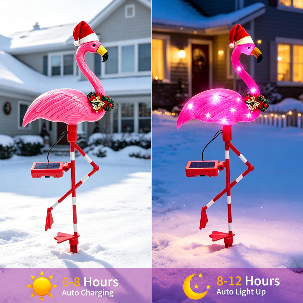 Solar Christmas Decorations, 2 Pack Solar Pink Flamingos Lights for Outdoor Yard