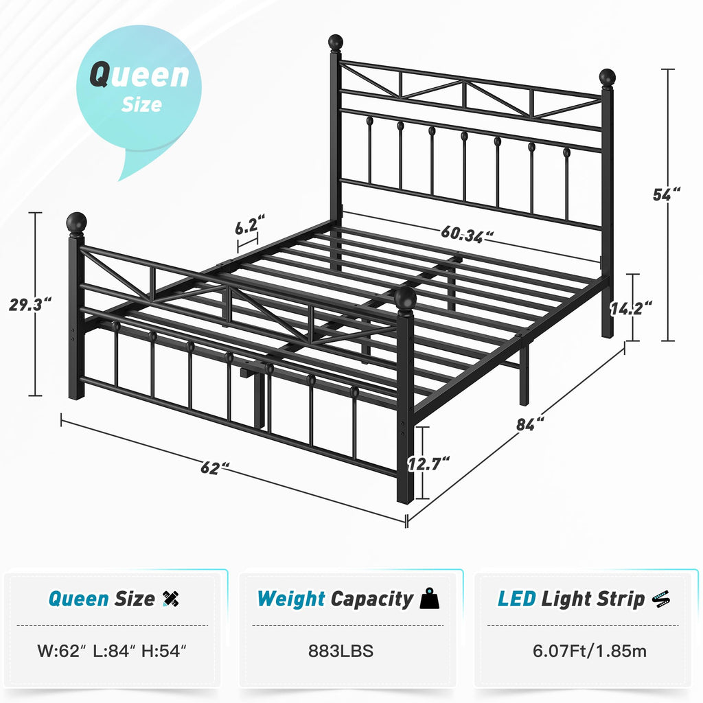 Victorian Metal Queen Size Bed Frame, Black, 54-Inch Tall Headboard