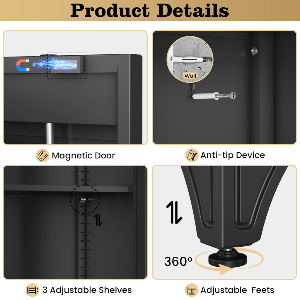 71" Metal Armoire Wardrobe Closet with Doors & Lock, Black