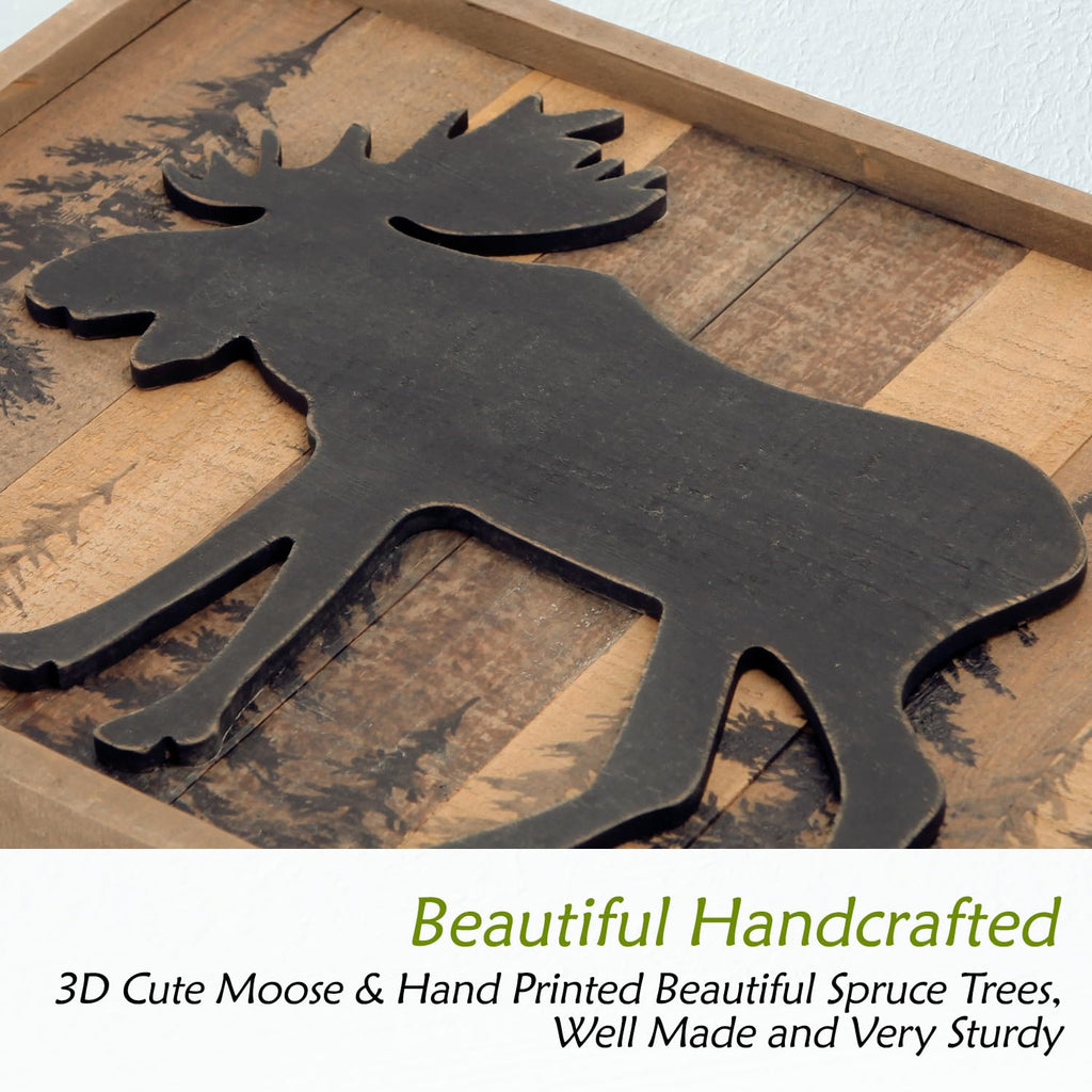 Cabin Wall Decor, 3D Moose Solid Wood Forest Mountain Woodland Wildlife Lodge Animal Picture Art Bathroom Decor, 16 x