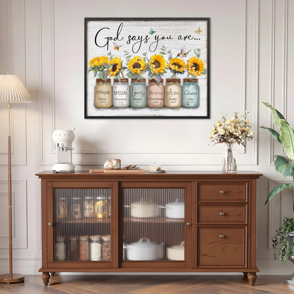 Inspirational Bible Verse Wall Art: God Says You Are Wall Sayings Sunflower in Mason Jar Picture Print Christian Gift