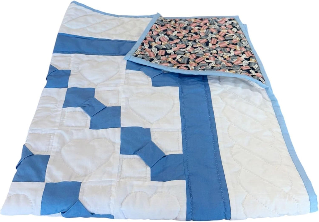 Baby Boy Quilt Hand Sewn Royal Blue Bow Ties Spools of Thread Back