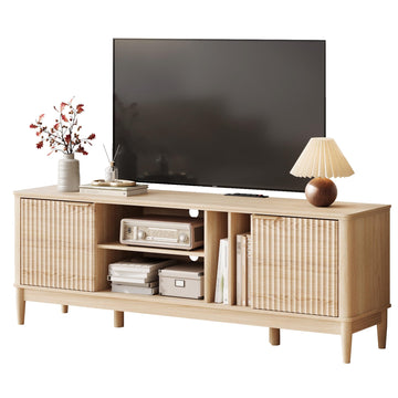 Mid Century Modern Fluted TV Stand for 75" TV, Natural Oak | Entertainment Center with Storage Cabinet, Sturdy TV
