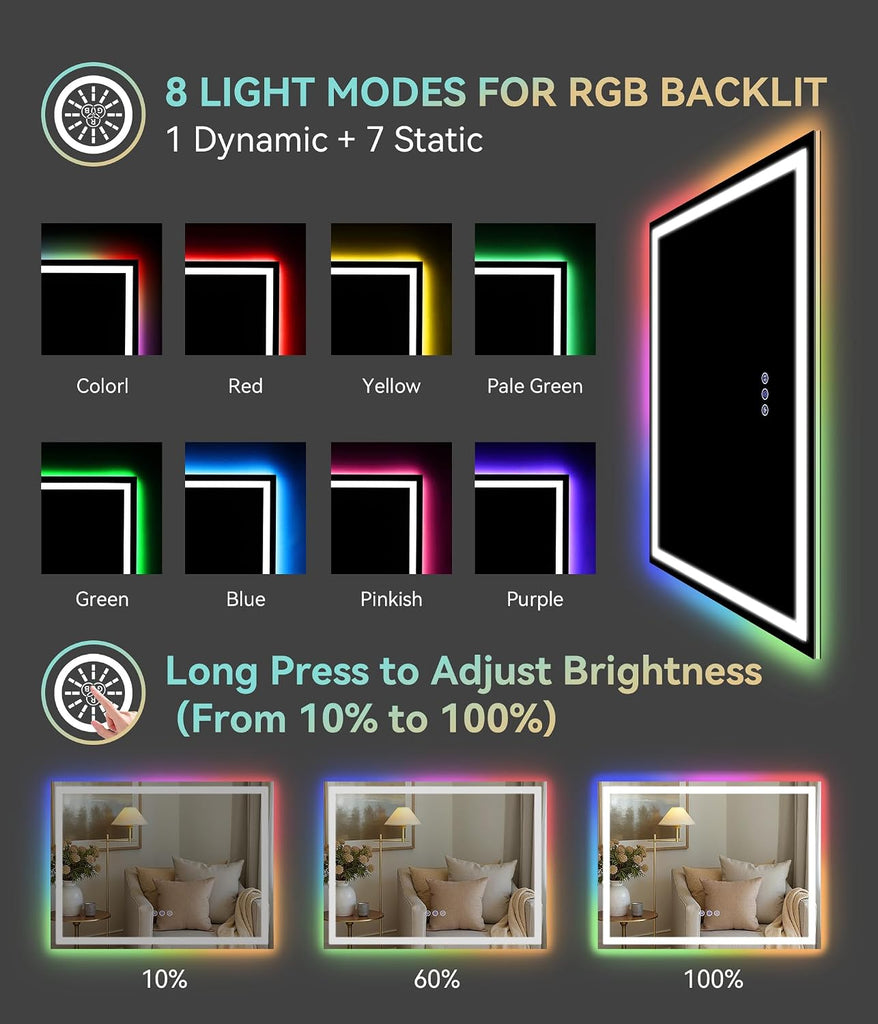 28" x 20" LED Vanity Mirror with RGB Backlight and Front Light, Anti-Fog Color-Changing Bathroom Mirror