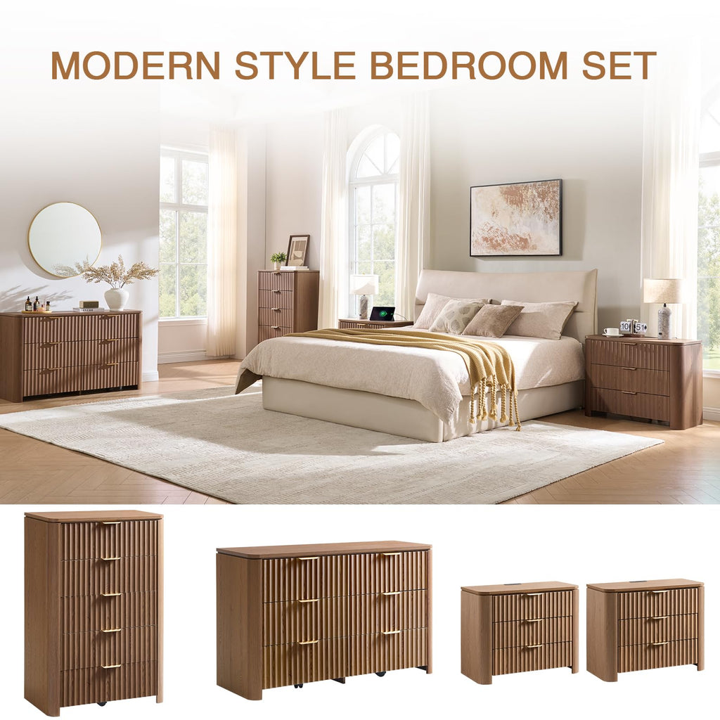 Fluted 5 Drawers Dresser, 45.3" Tall Modern Chest of Drawers with Metal Handle, Natural Wooden Dresser TV Stand Boho