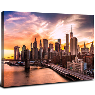 NYC Skyline Wall Sunset New York City Pictures Wall Decor Vintage USA City Building Artwork for Walls Cityscape