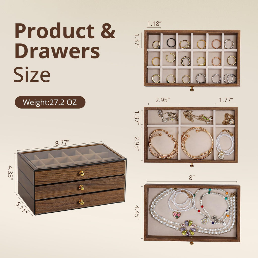 3 Layer Wooden Drawers Jewelry Box Vintage Style Jewelry Organizer with Acrylic Cover, Jewelry Storage Display Box